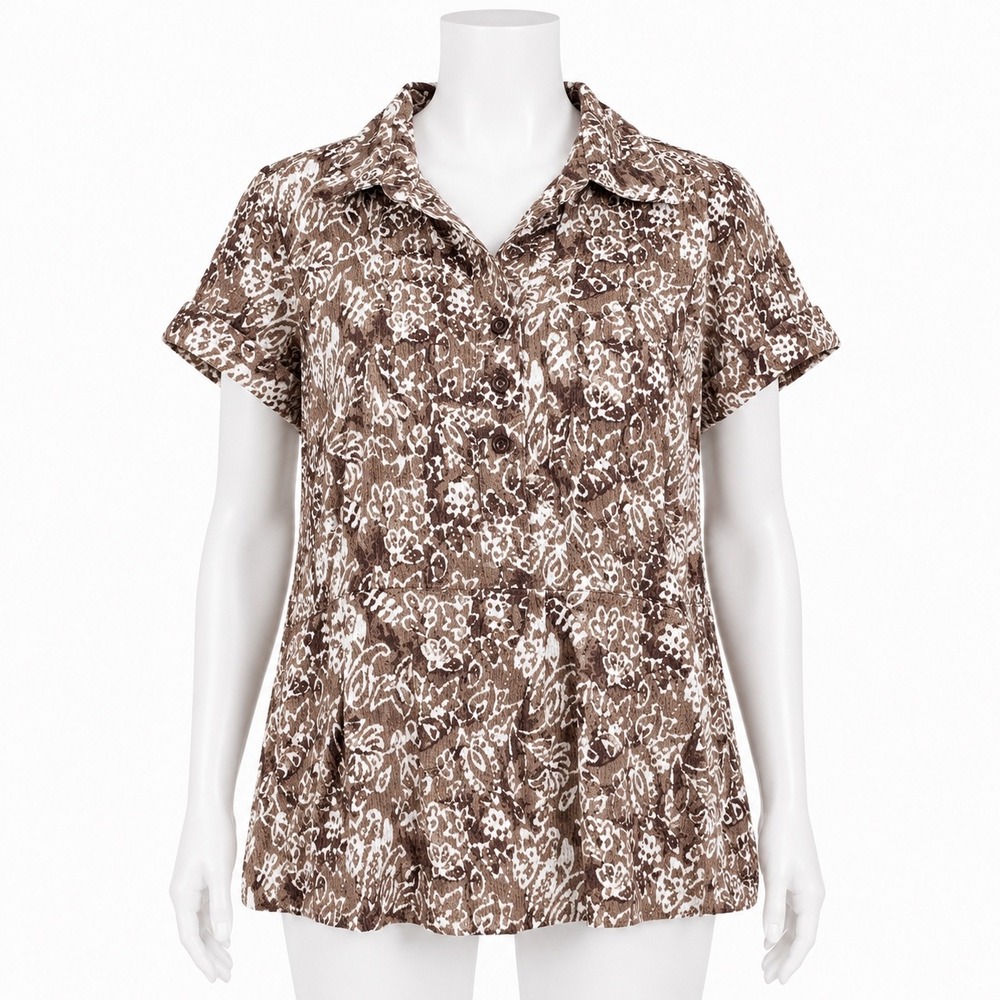 Christopher & Banks Brown Floral Metallic Thread Button Up Shirt XL Camp Blouse
